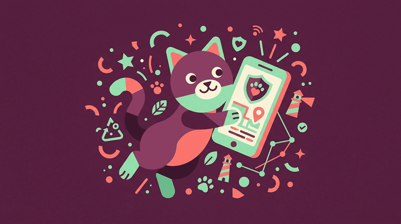 Playful geometric cat illustration in mint and coral on dark plum.