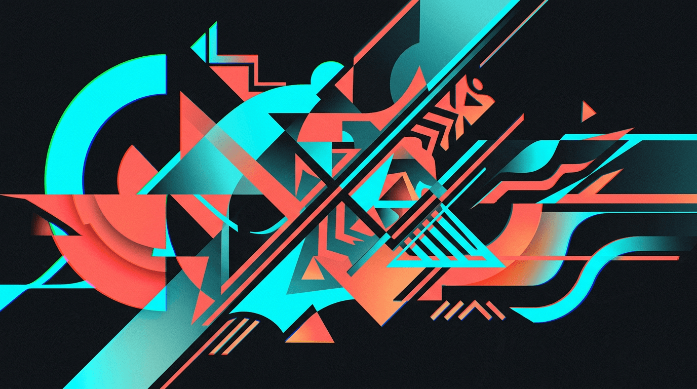 Bold abstract graphic with coral and cyan shapes on dark background, creator studio energy.