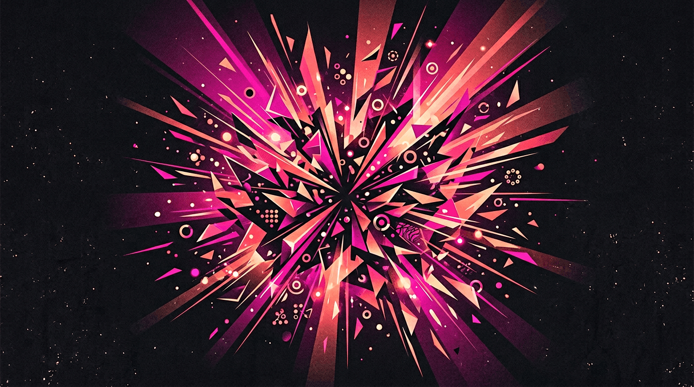 Abstract launch graphic with magenta light beams on dark background.