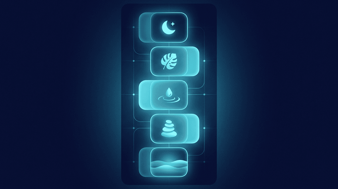 Abstract calm app graphic with navy and cyan glow.