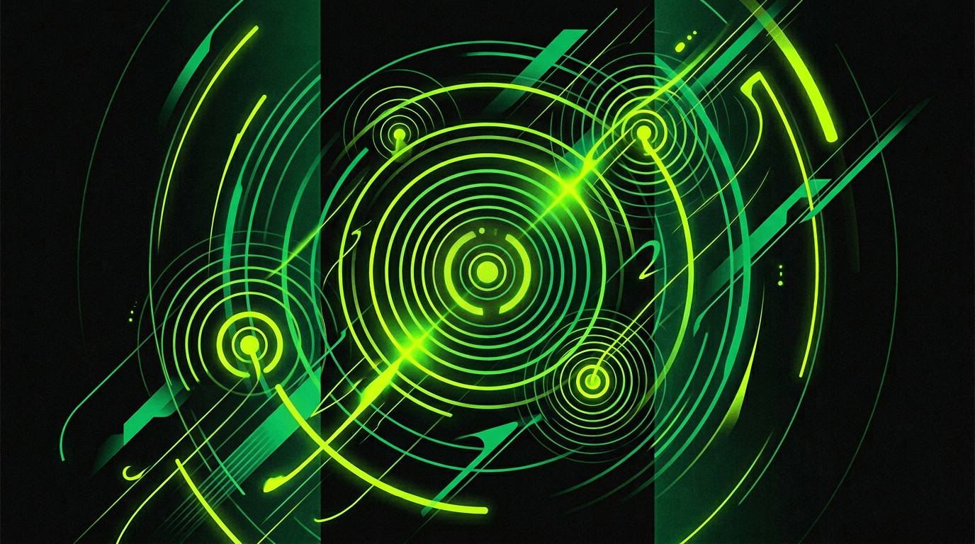 Abstract tactile interaction graphic in lime and emerald on black.